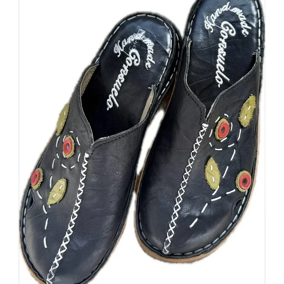NWT Handmade Genuine Leather Black Embroidered Sandals Slip-On Mules Consuelo - Picture 9 of 14